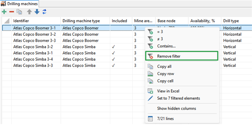 Table displaying drilling machines with a context menu open for filtering, copying, and viewing options.