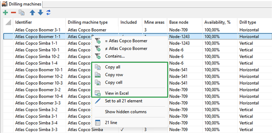 Spreadsheet interface displaying drilling machine data with a context menu for copy and export options.