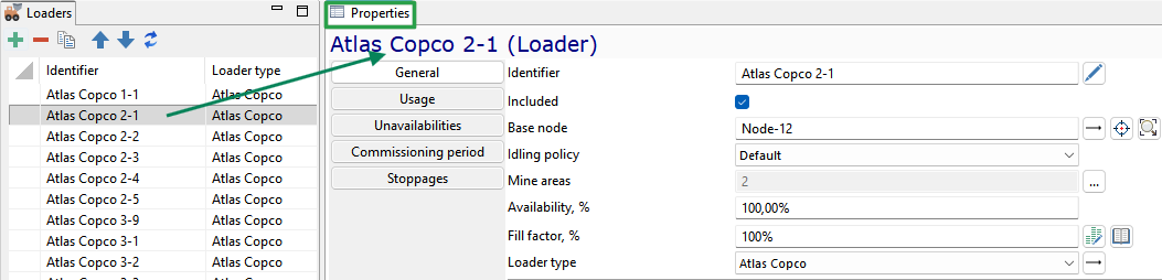 Loader interface showing properties and settings for "Atlas Copco 2-1," including availability and idling policy.