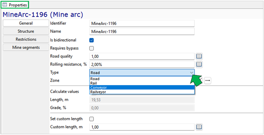 GUI form for editing MineArc-1196 properties, showing options for type and zone with a dropdown menu selected.