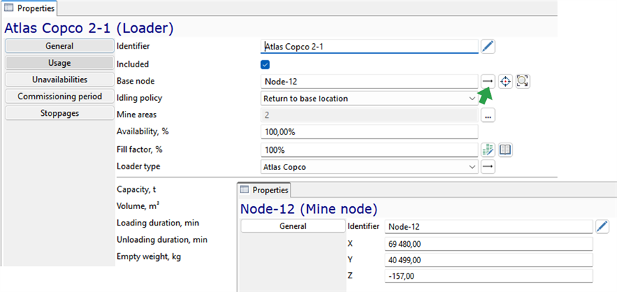 Properties panel displaying loader and mine node details with editable fields for identifiers and coordinates.