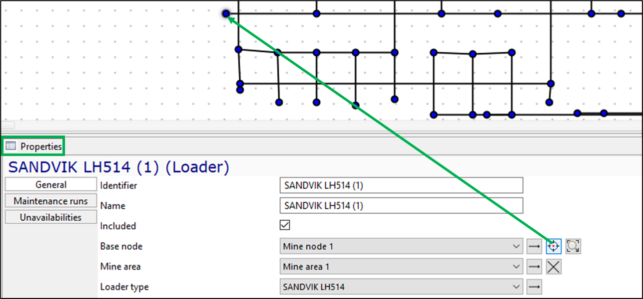 Interface showing a network diagram and \"Properties\" panel for configuring SANDVIK LH514 loader details.
