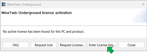 MineTwin license activation window with options: FAQ, Request trial, Request License, Enter License Key, and Close.