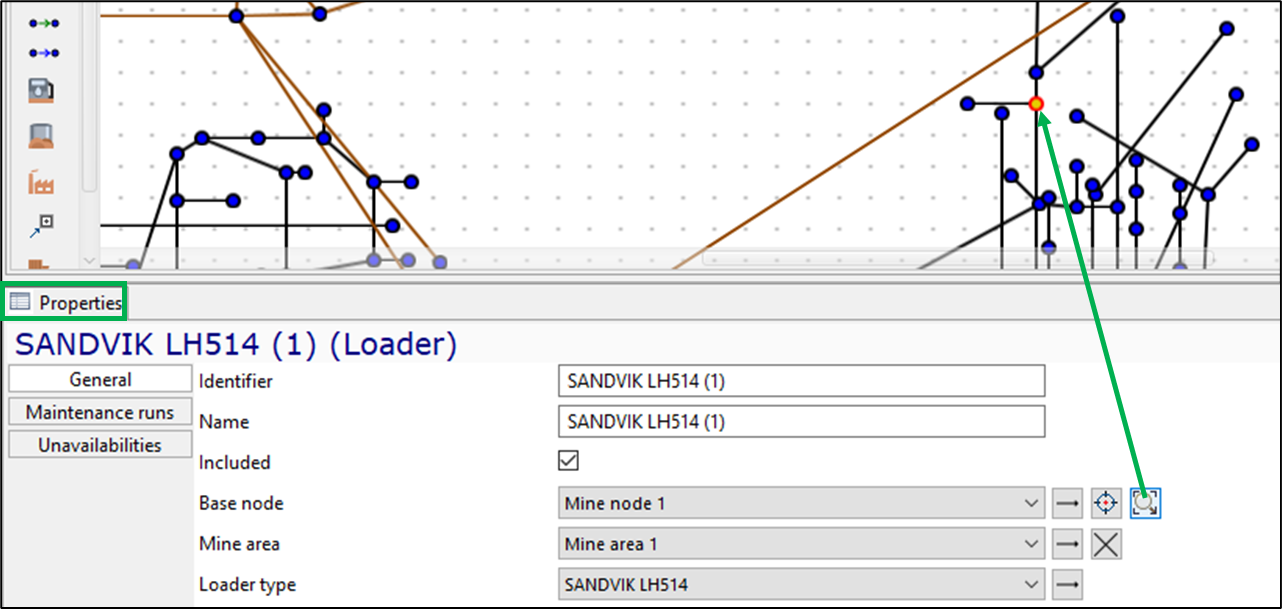 Graph with nodes and connections; properties panel shows loader details like identifier and node location.