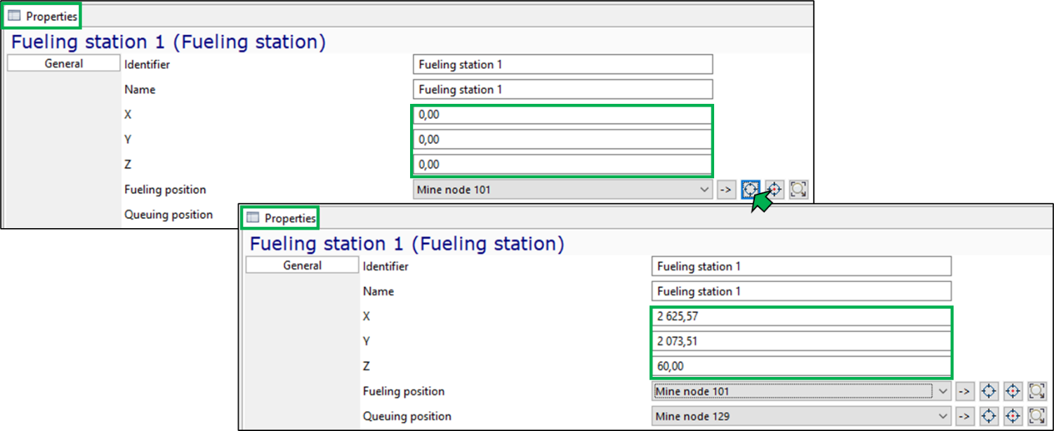 Two screenshots showing \"Fueling station 1\" properties with XYZ coordinates and mine node selections.