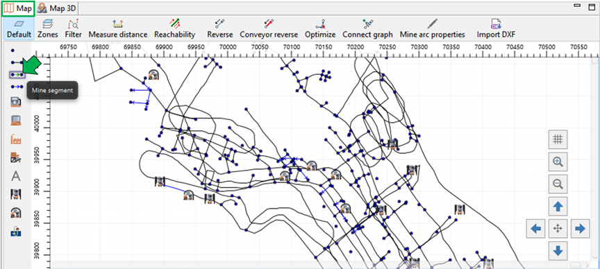 Map 3D interface displaying mine segments with navigation and editing tools.