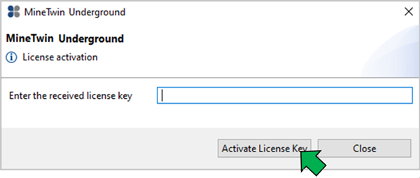 License activation window for MineTwin Underground, featuring a text box and two buttons: "Activate License Key" and "Close."