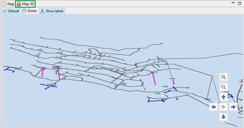 3D pipeline network map with labeled zones, navigation controls, and options to toggle default view and labels.