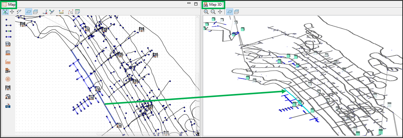Two map interfaces showing network diagrams with a green line connecting similar elements on both maps.