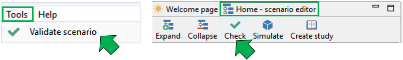 Two menu sections highlighted: \"Validate scenario\" in Tools menu and \"Check\" in Home - scenario editor.