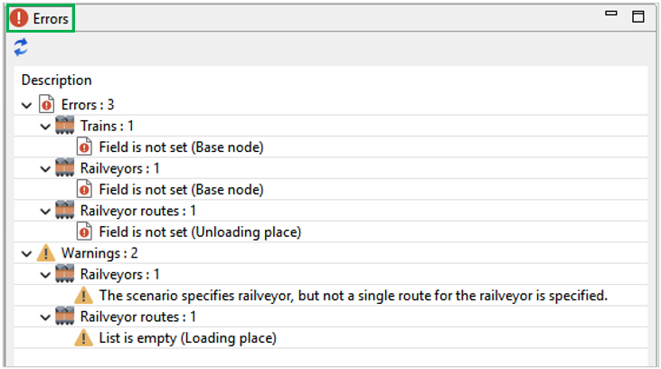 Error and warning window showing missing field settings for trains and railveyors, with specific issues listed under each category.