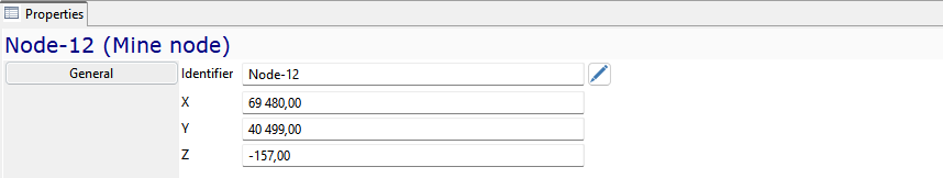 Properties panel showing Node-12 coordinates with X: 69,480.00, Y: 40,499.00, Z: -157.00, under the "General" tab.