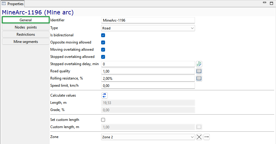 Properties window showing settings for MineArc-1196 with editable fields and options for road configurations.