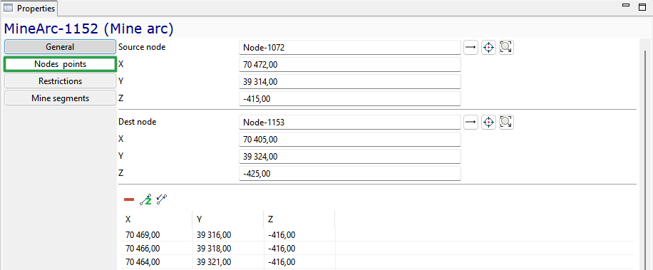 Property window of MineArc-1152 showing node coordinates for source and destination points in a table layout.