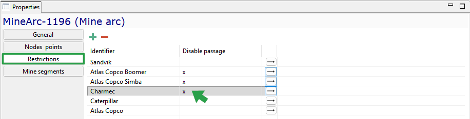 Restrictions tab showing equipment identifiers with disable passage options, selectable with "+" and "-" buttons.