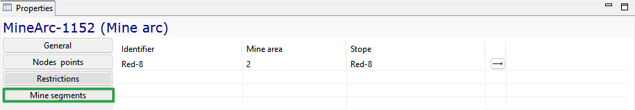 Properties window showing MineArc-1152 details with General, Nodes points, Restrictions, and Mine segments tabs.
