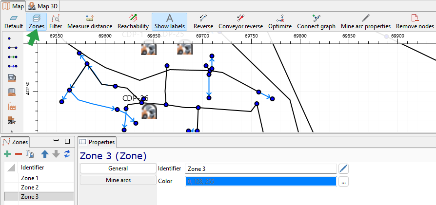 Software interface showing map with zones, node connectivity, and properties. Selected: Zone 3 with blue arcs.
