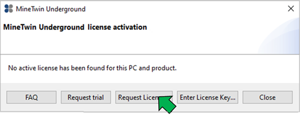 License activation window with options: FAQ, Request trial, Request License, Enter License Key, and Close.