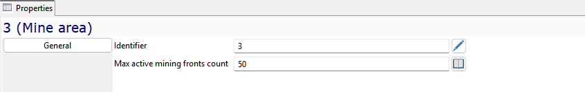 Properties tab showing \"Mine area\" with Identifier set to 3 and Max active mining fronts count set to 50.