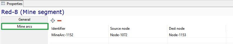 Interface showing segment "Red-8" with tabs: General, Mine arcs. Displays identifier, source (Node-1072), and destination node (Node-1153).