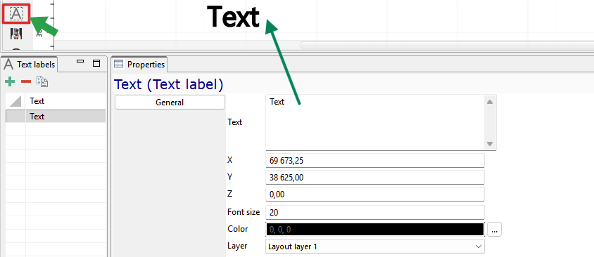 Text editing properties panel in a design software showing position, font size, color, and layer options.