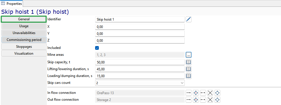 Skip hoist configuration window with fields for position, capacity, duration, connections, and selectable tabs.