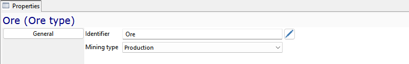UI showing properties for "Ore" with tabs, identifier field, and mining type dropdown set to "Production".