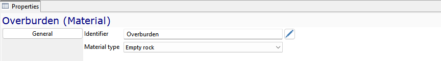 Properties panel showing "Overburden" with tabs for "General", "Identifier: Overburden", and "Material type: Empty rock".