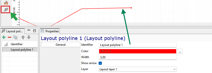 Polyline properties window showing identifier, color (red), width (3), arrow toggle, and layer selection.