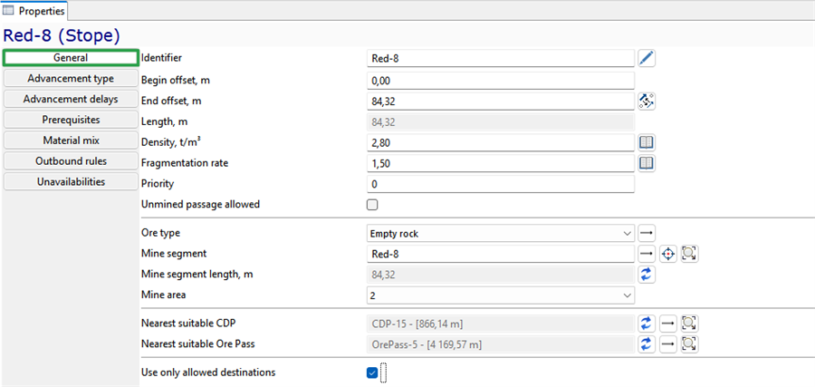 Screenshot of mining stope properties panel with fields for identification, dimensions, density, ore type, and routing options.