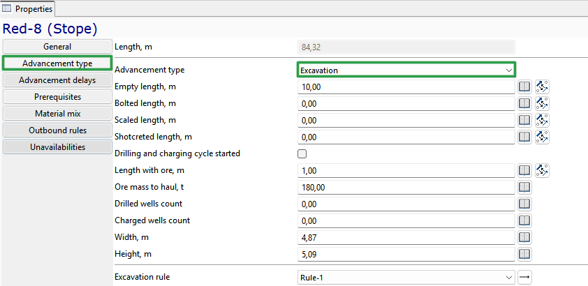 Properties panel with "Red-8 (Stope)" settings, including advancement type, dimensions, and excavation parameters.