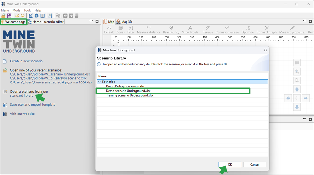 The interface shows "MineTwin Underground" with a scenario library popup for selecting a scenario file, highlighting options.