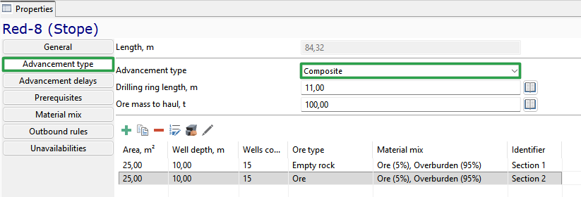 UI screen displaying properties of "Red-8 (Stope)" with advancement type, dimensions, and material details.