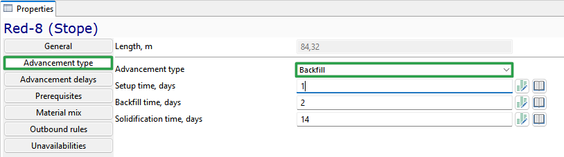 Properties panel for "Red-8" stope, showing advancement type, length, and related timing parameters in days.