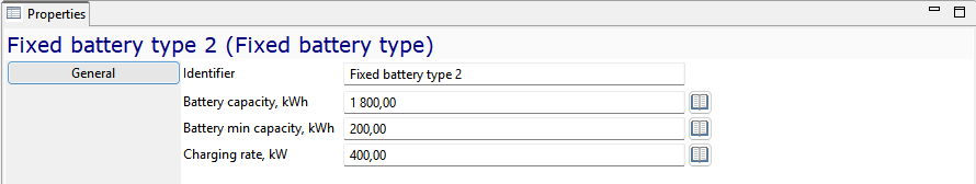 Fixed battery type 2 properties: capacity 1800 kWh, min capacity 200 kWh, charging rate 400 kW.
