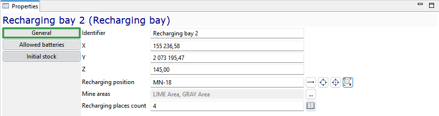 Properties window displaying "Recharging bay 2" details: position, mine areas, and recharging places count.