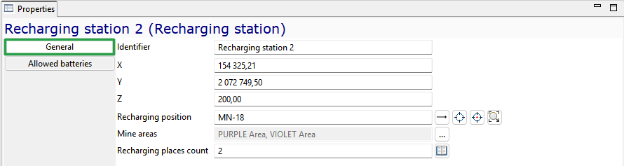 Properties window for Recharging Station 2, showing coordinates, identifier, position, and areas. Two recharging places.