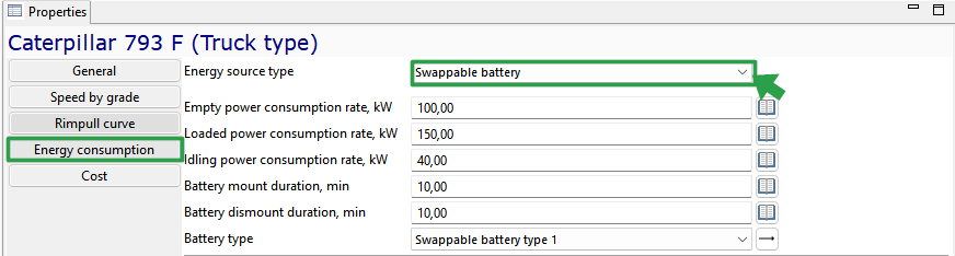 Properties panel for Caterpillar 793 F, highlighting Energy consumption settings with swappable battery selected.