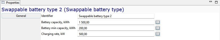 Properties window for "Swappable battery type 2" displaying capacity, min capacity, and charging rate.