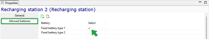 UI for selecting battery types in Recharging Station 2 properties; battery type 1 is selected with a checkmark.