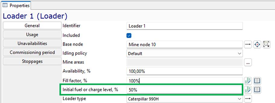 Loader properties window showing settings like identifier, availability, fill factor, with 50% initial fuel level highlighted.