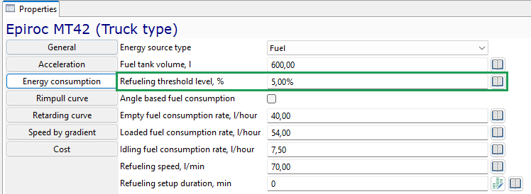 Properties window for Epiroc MT42 truck, showing energy consumption settings and fuel parameters.