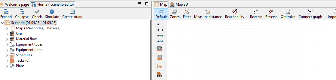 The animation shows a user navigating a software interface, expanding options under "Scenario" and switching to "Create study," resulting in a new tab displaying study details.