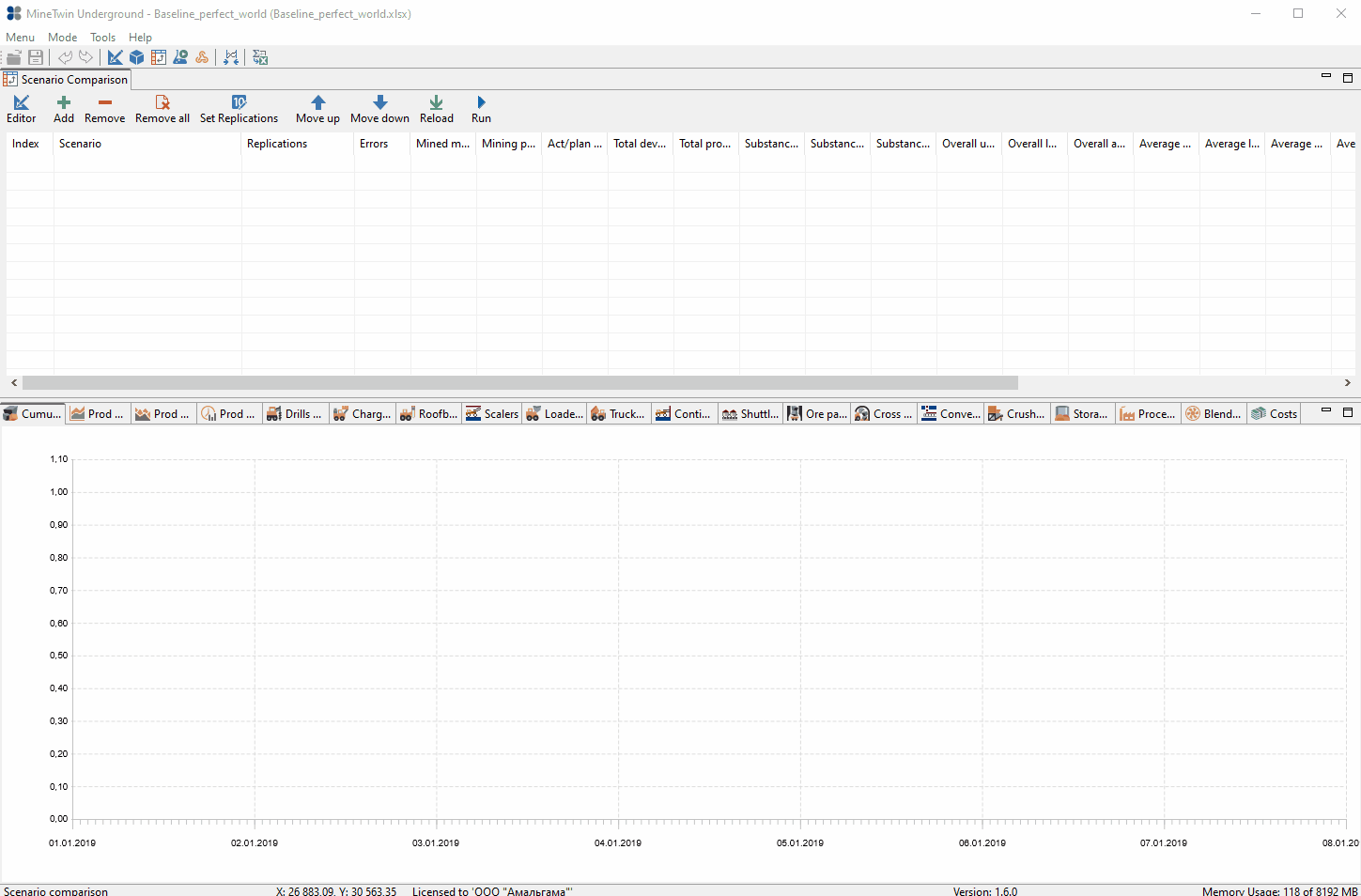 The animation shows selecting and opening different scenarios in a mining software, with a progress bar indicating loading activity.