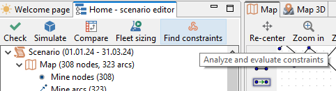 Scenario editor interface with options: Check, Simulate, Compare, Fleet sizing, Find constraints. Sidebar with map nodes/arcs.
