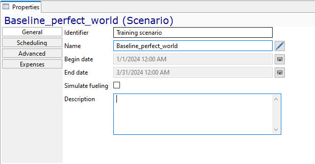 Properties window for "Baseline_perfect_world" scenario with fields for name, dates, and simulate fueling option.