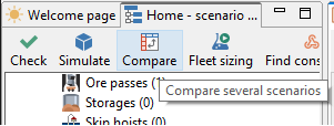 Software toolbar with tabs for Welcome, Home; buttons for Check, Simulate, Compare, Fleet sizing; tooltip says "Compare several scenarios."