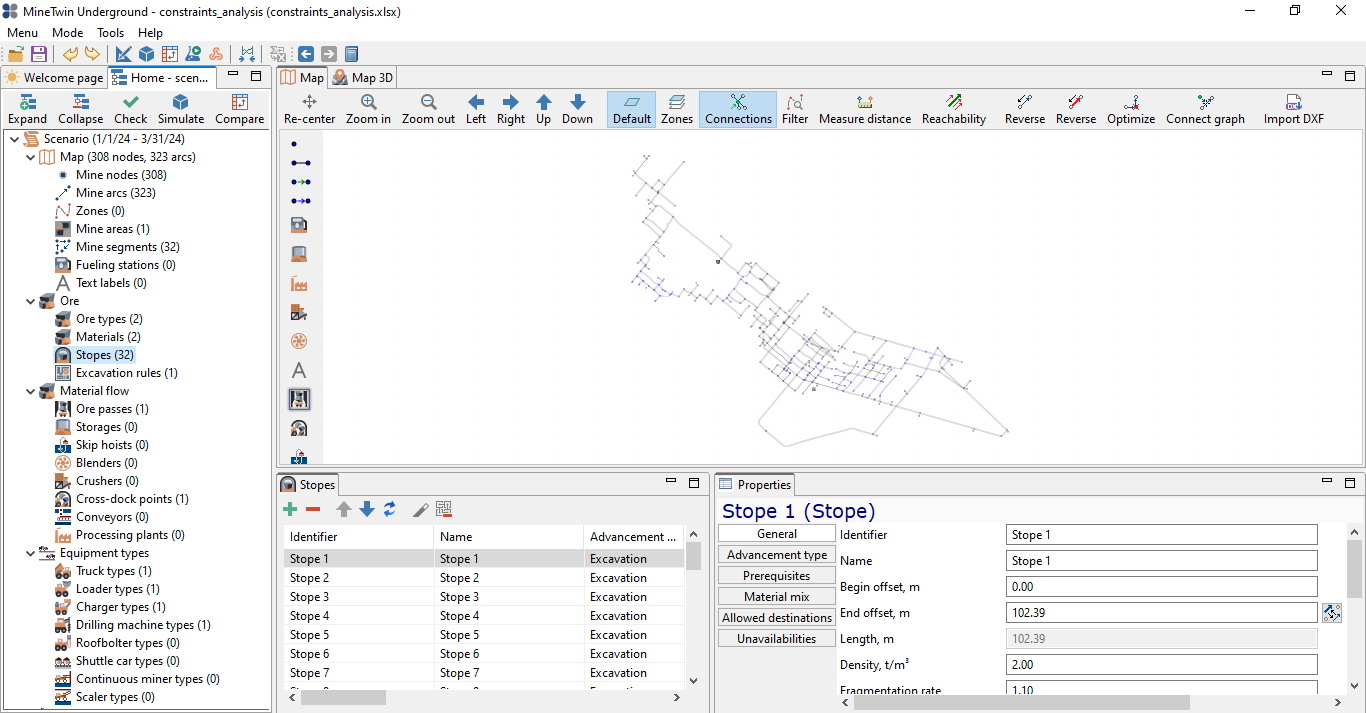 Underground mine layout interface with map, scenario details, stope list, and property settings displayed.
