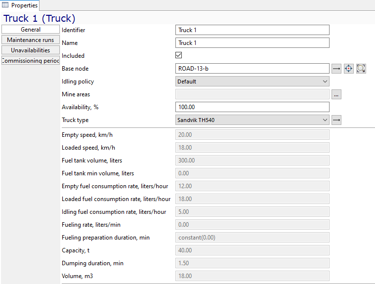 Truck properties window showing input fields: ID, name, speeds, fuel rates, volume, capacity, availability, type.