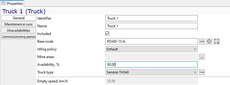Properties window for "Truck 1" with settings for identifier, availability, type, and speed parameters.